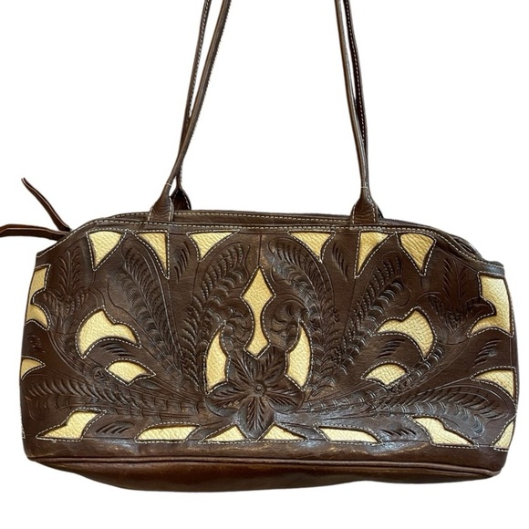 Leaders In Leather Scroll Cut Out Tooled Leather  Bag, Medium Size, Brown/Ivory - Picture 2 of 16